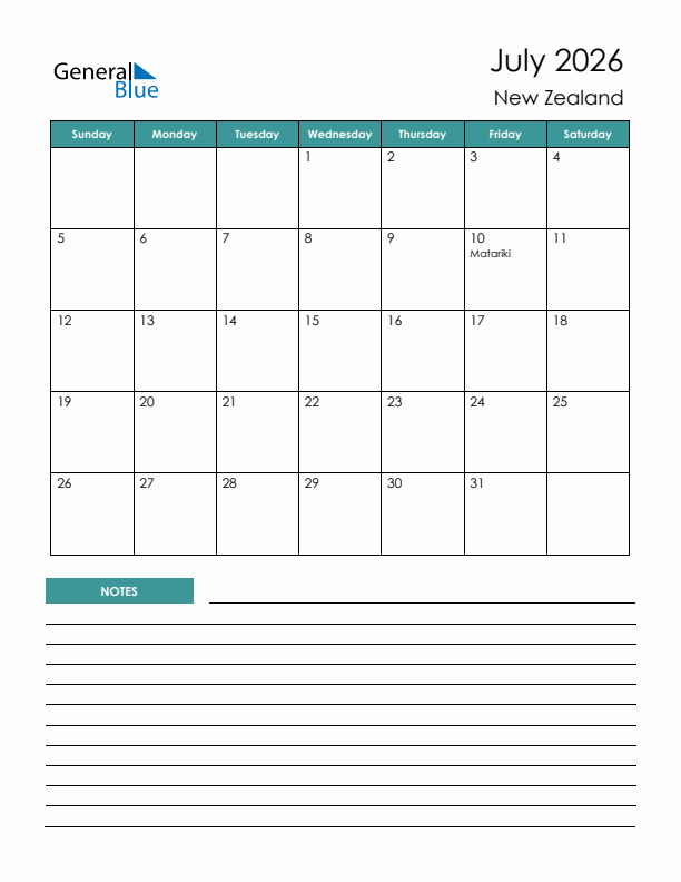 Calendar with Notes Printable - Sunday Start