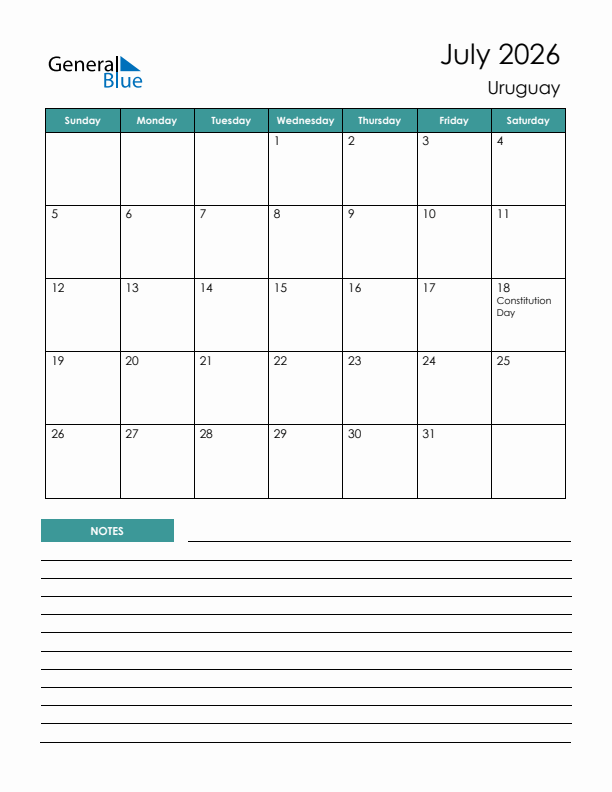 Calendar with Notes Printable - Sunday Start