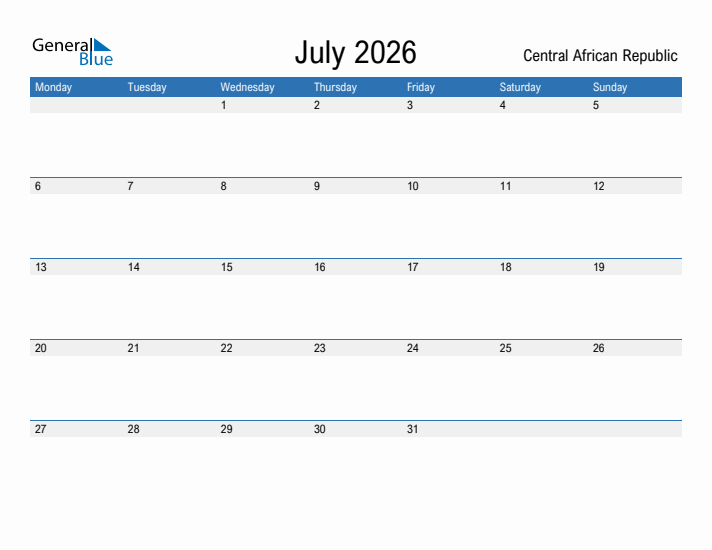 Fillable July 2026 Calendar