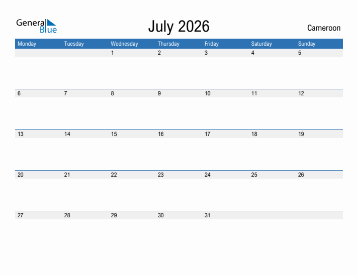 Fillable July 2026 Calendar