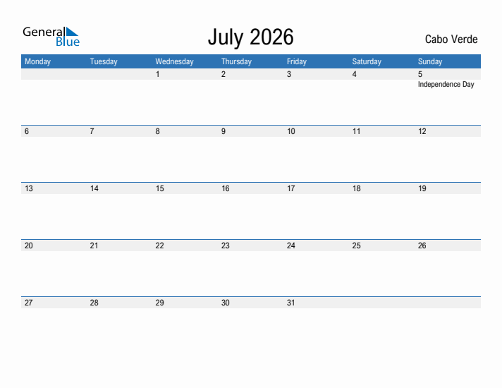 Fillable July 2026 Calendar