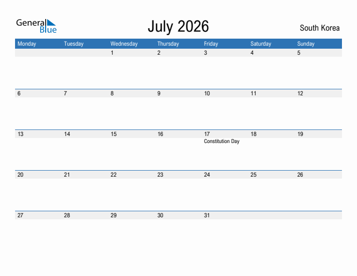 Fillable July 2026 Calendar