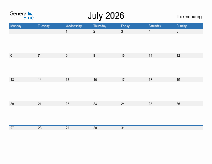 Fillable July 2026 Calendar