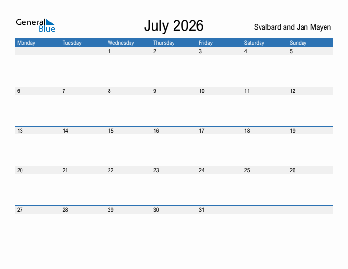 Fillable July 2026 Calendar