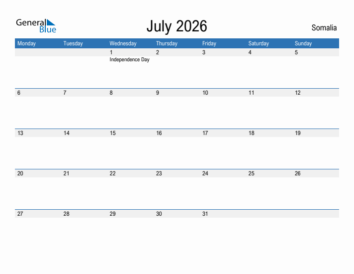 Fillable July 2026 Calendar