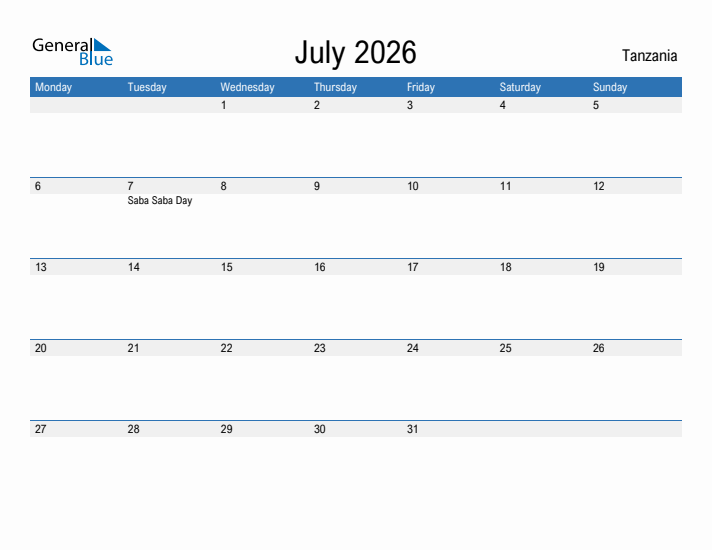 Fillable July 2026 Calendar