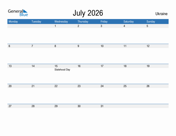 Fillable July 2026 Calendar