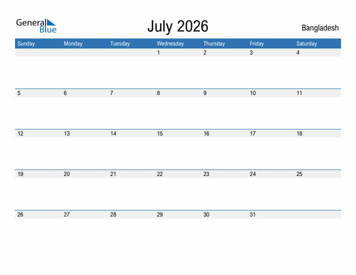 Fillable July 2026 Calendar