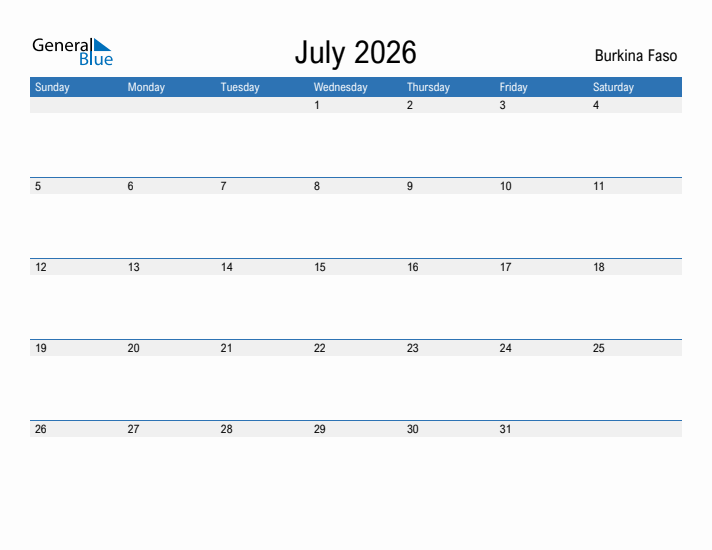 Fillable July 2026 Calendar