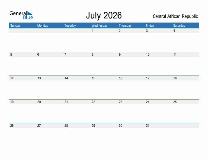 Fillable July 2026 Calendar