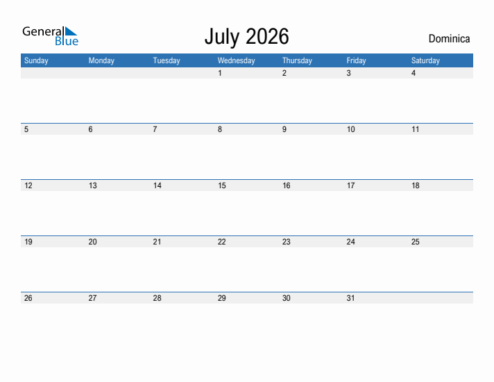 Fillable July 2026 Calendar