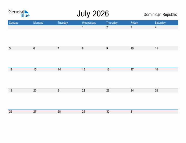 Fillable July 2026 Calendar