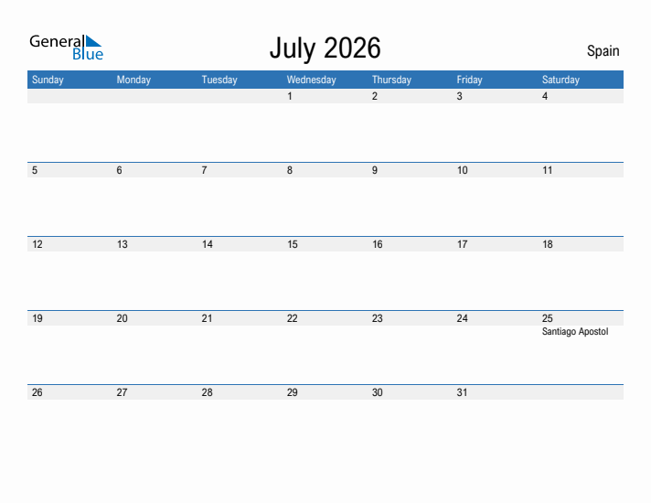 Fillable July 2026 Calendar