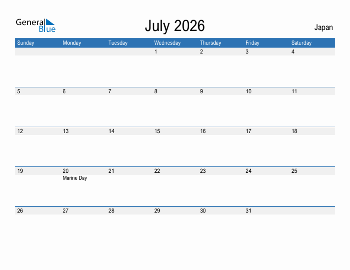 Fillable July 2026 Calendar