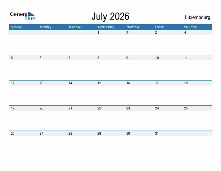 Fillable July 2026 Calendar