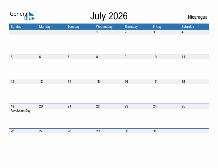 Fillable July 2026 Calendar