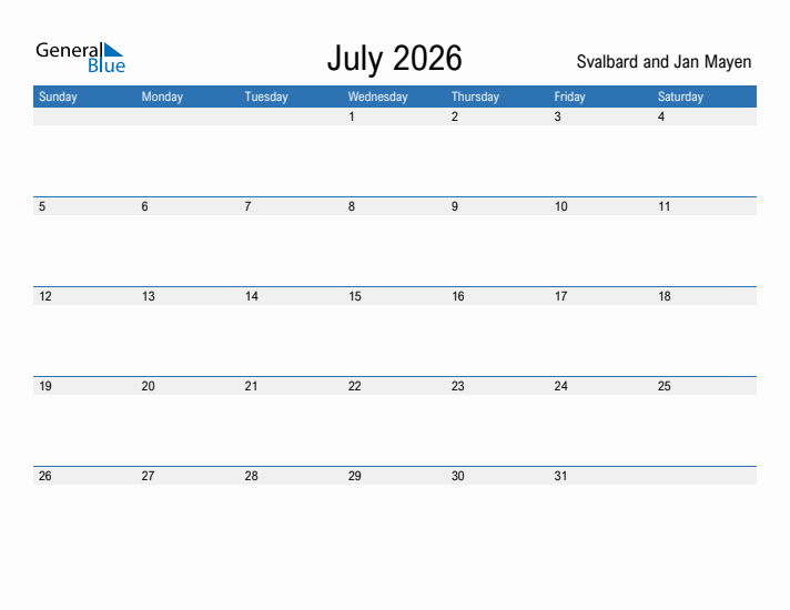 Fillable July 2026 Calendar