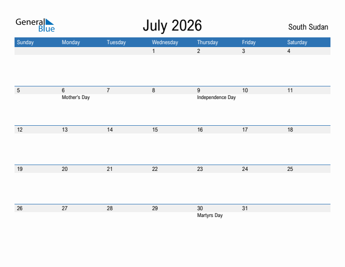 Fillable July 2026 Calendar