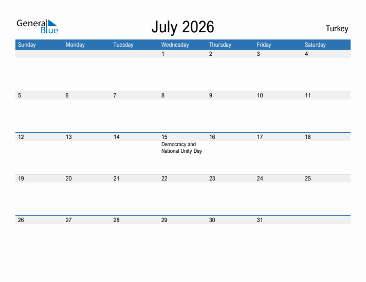 Fillable July 2026 Calendar