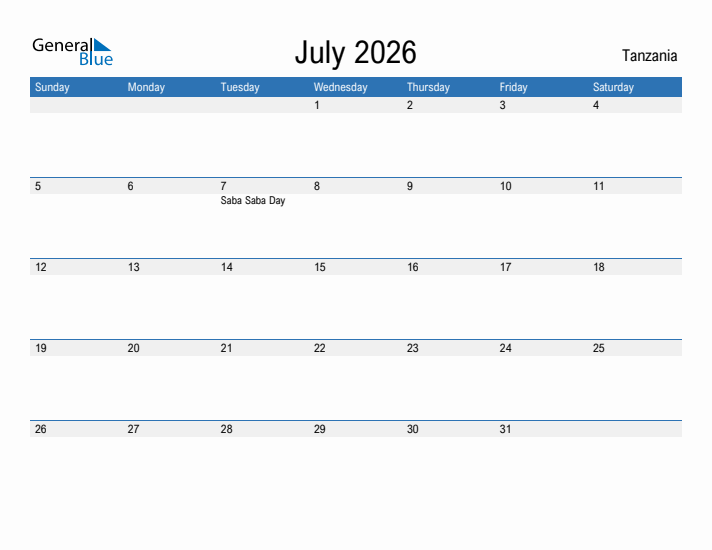 Fillable July 2026 Calendar