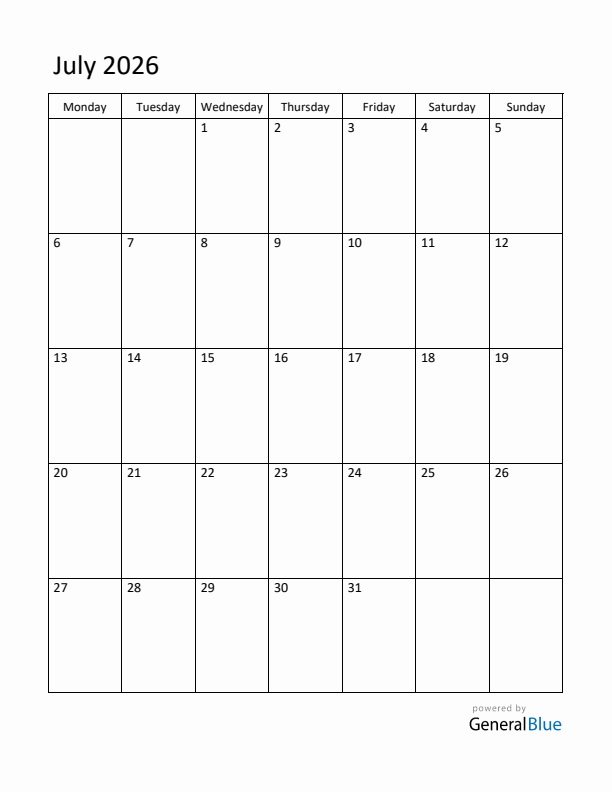 Monday Start Calendar for July 2026