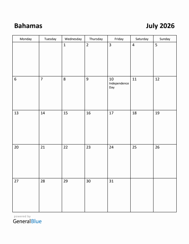 July 2026 Calendar with Bahamas Holidays