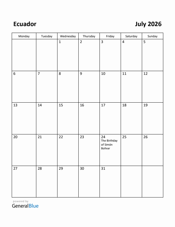 July 2026 Calendar with Ecuador Holidays