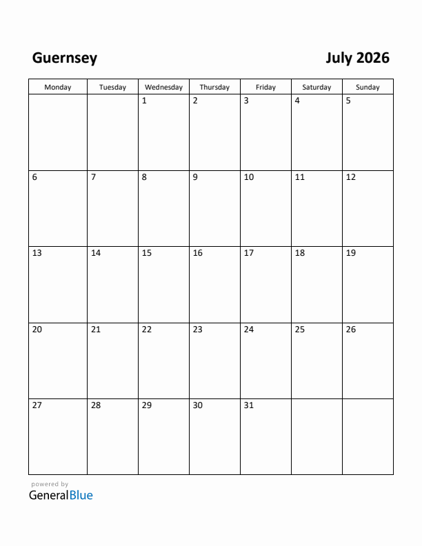 July 2026 Calendar with Guernsey Holidays