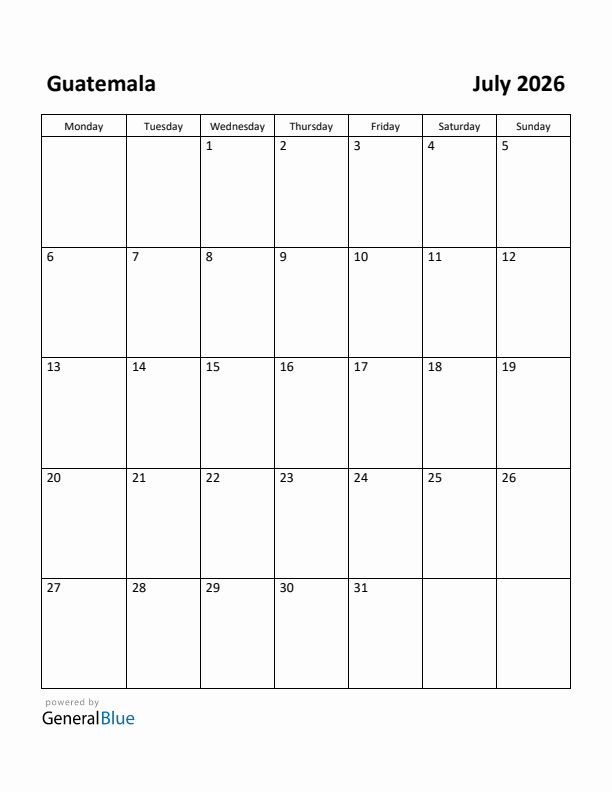 July 2026 Calendar with Guatemala Holidays