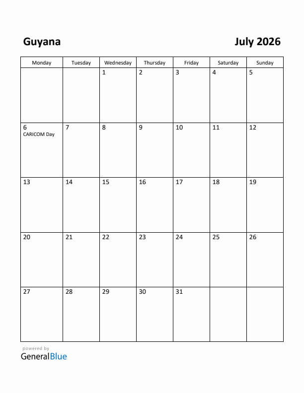 July 2026 Calendar with Guyana Holidays