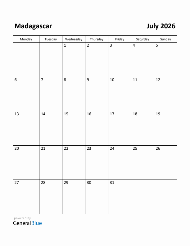 July 2026 Calendar with Madagascar Holidays