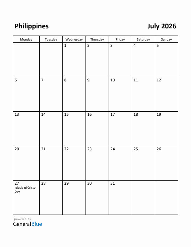 July 2026 Calendar with Philippines Holidays