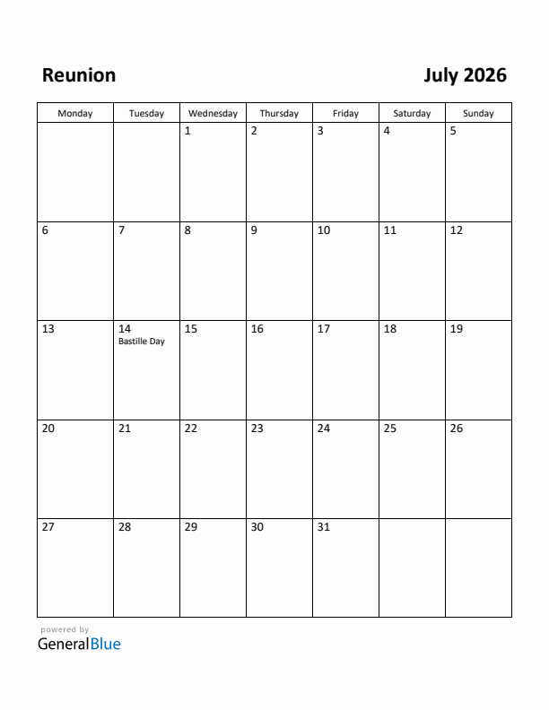 July 2026 Calendar with Reunion Holidays