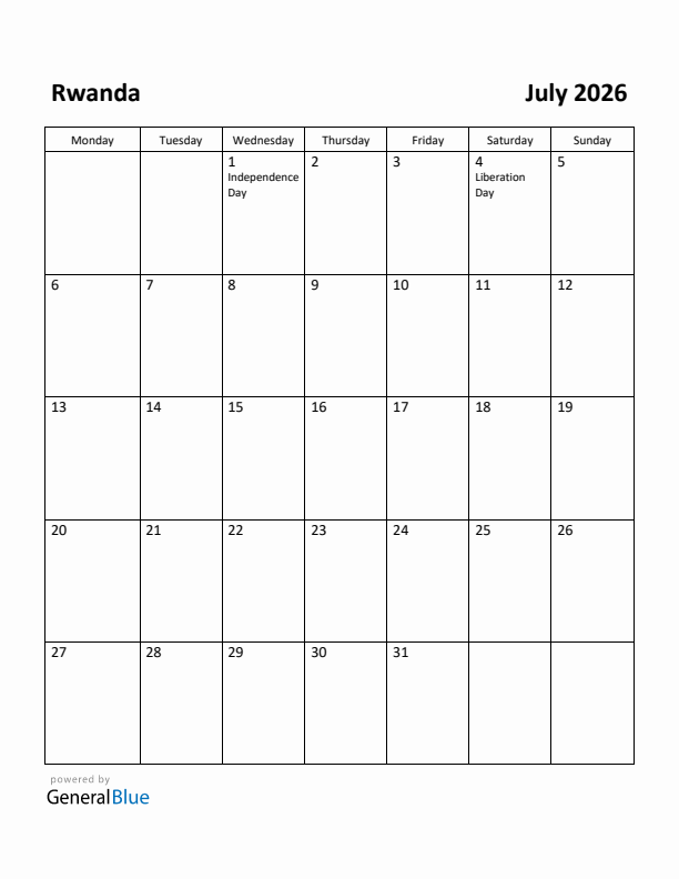 July 2026 Calendar with Rwanda Holidays