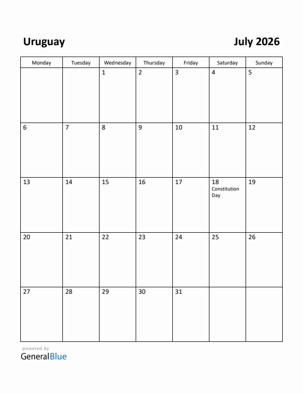 July 2026 Calendar with Uruguay Holidays