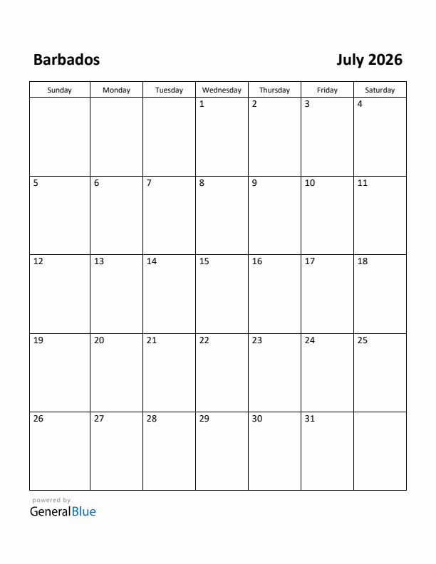 July 2026 Calendar with Barbados Holidays