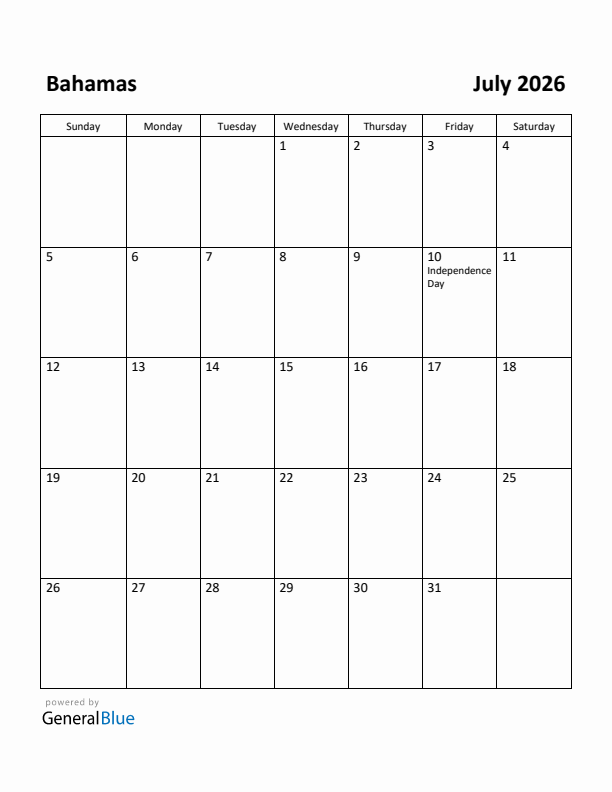 July 2026 Calendar with Bahamas Holidays