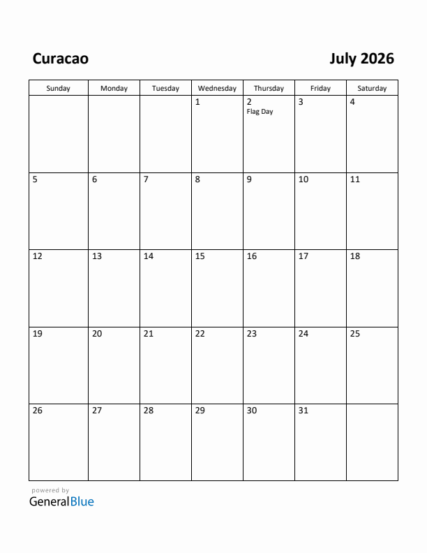 July 2026 Calendar with Curacao Holidays