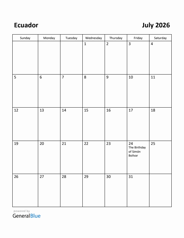 July 2026 Calendar with Ecuador Holidays