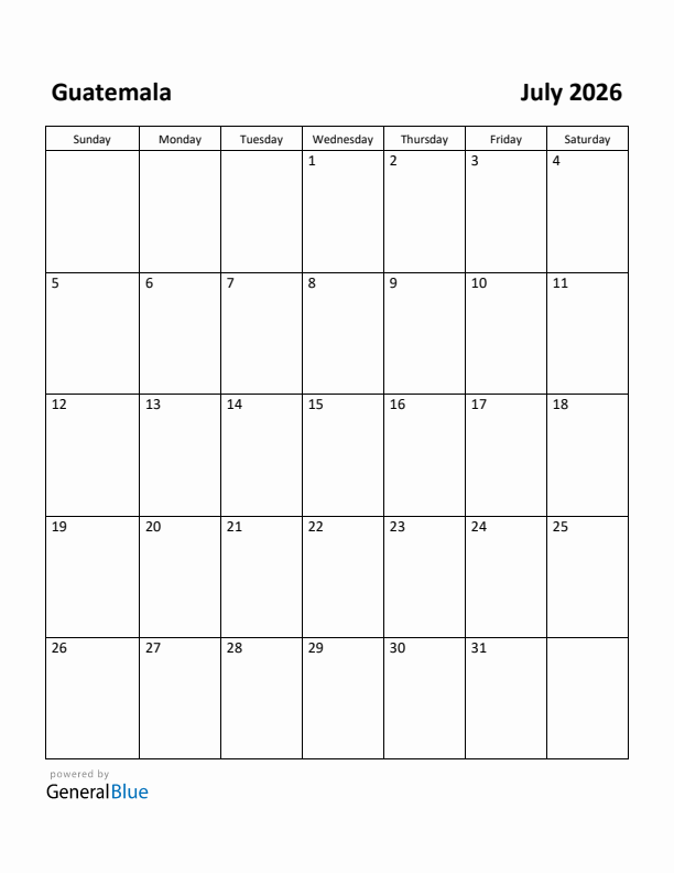 July 2026 Calendar with Guatemala Holidays