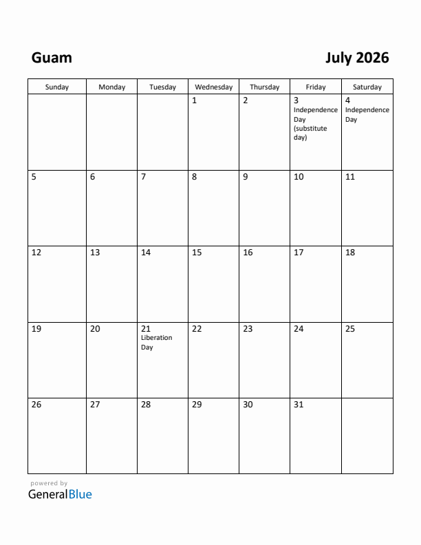 July 2026 Calendar with Guam Holidays