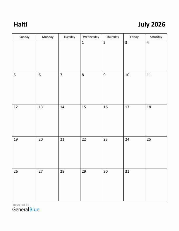 July 2026 Calendar with Haiti Holidays