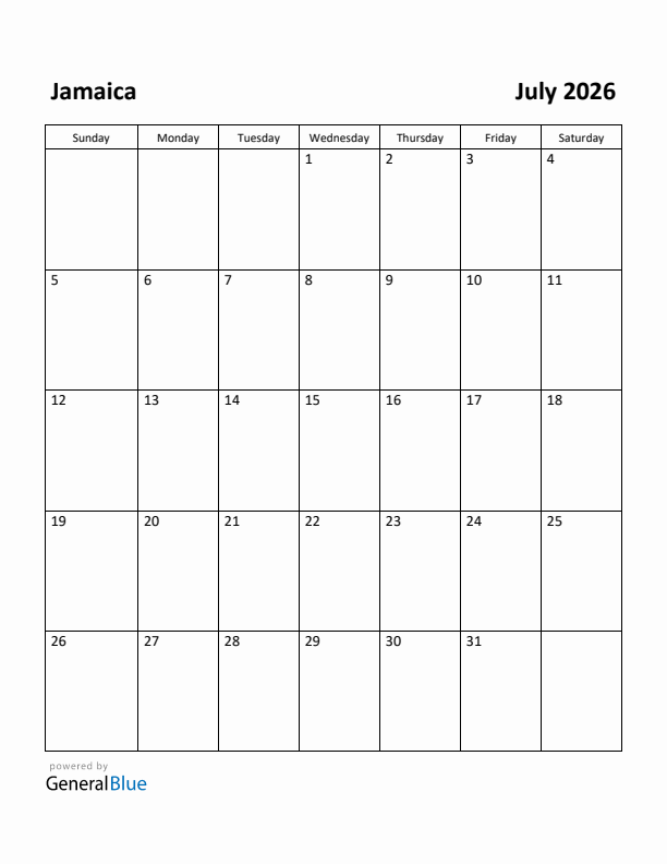 July 2026 Calendar with Jamaica Holidays