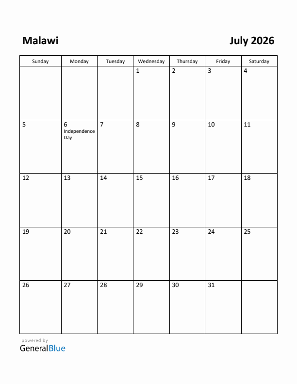 July 2026 Calendar with Malawi Holidays