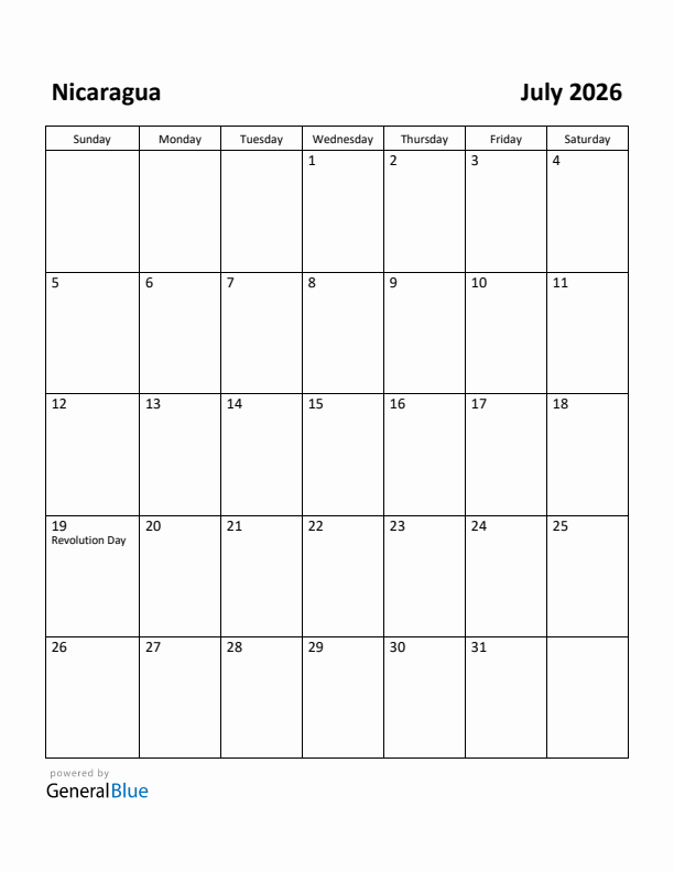 July 2026 Calendar with Nicaragua Holidays