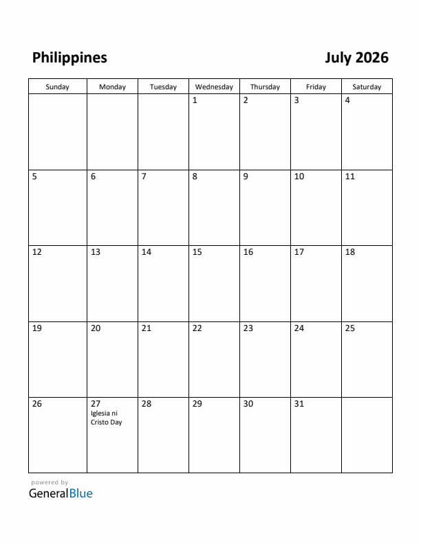 July 2026 Calendar with Philippines Holidays