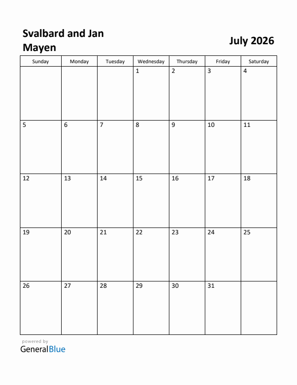 July 2026 Calendar with Svalbard and Jan Mayen Holidays