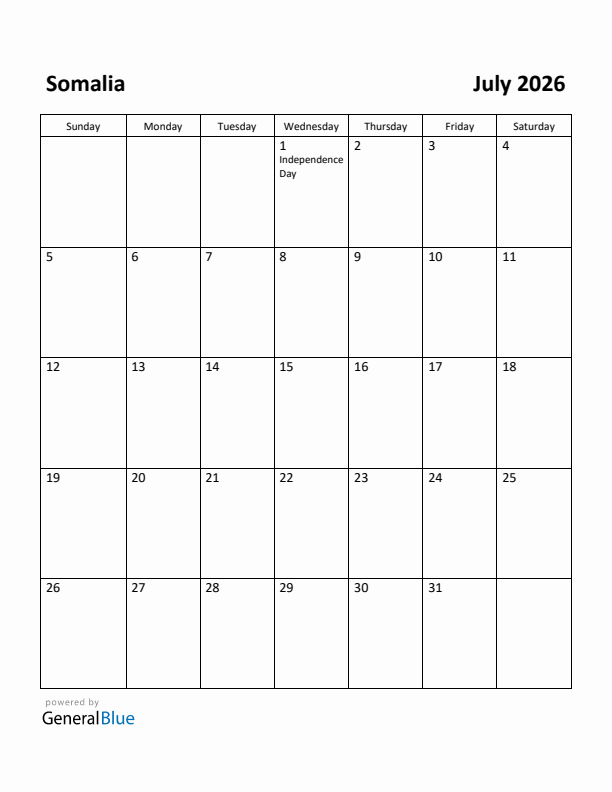 July 2026 Calendar with Somalia Holidays