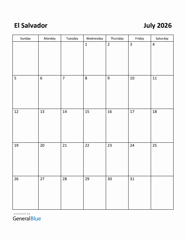 July 2026 Calendar with El Salvador Holidays