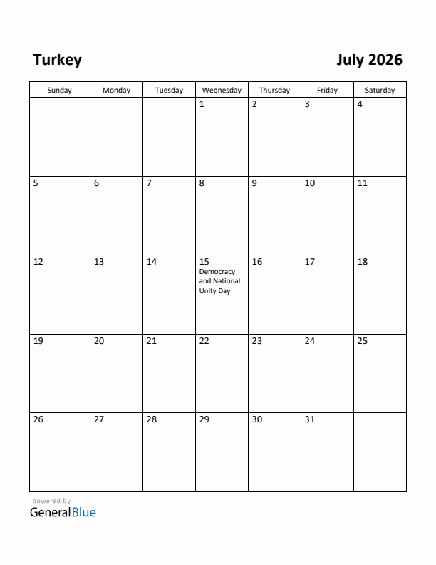 July 2026 Calendar with Turkey Holidays